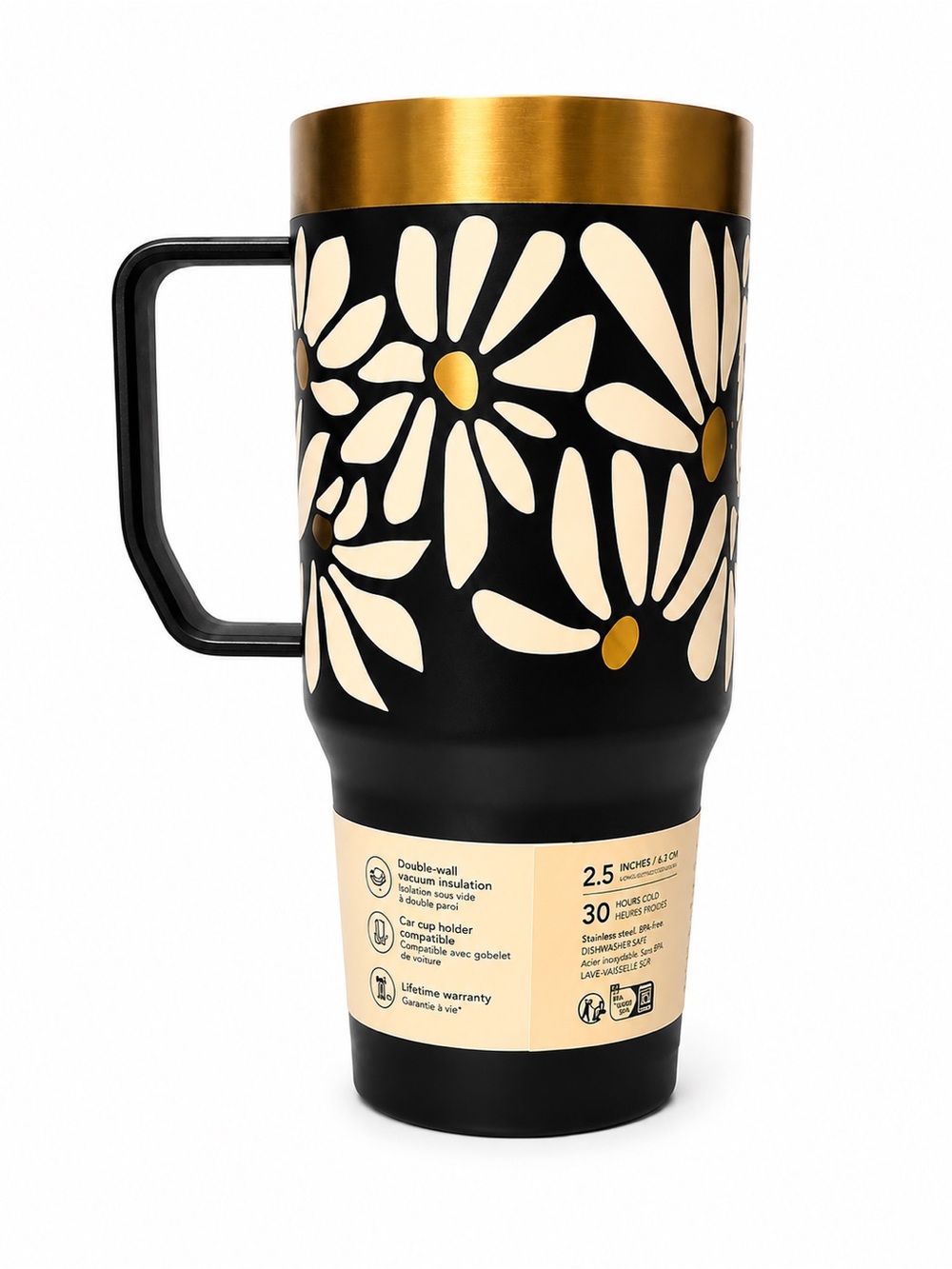 Stanley Black & Cream Floral Travel Mug with Gold Lid - Picture 3 of 5